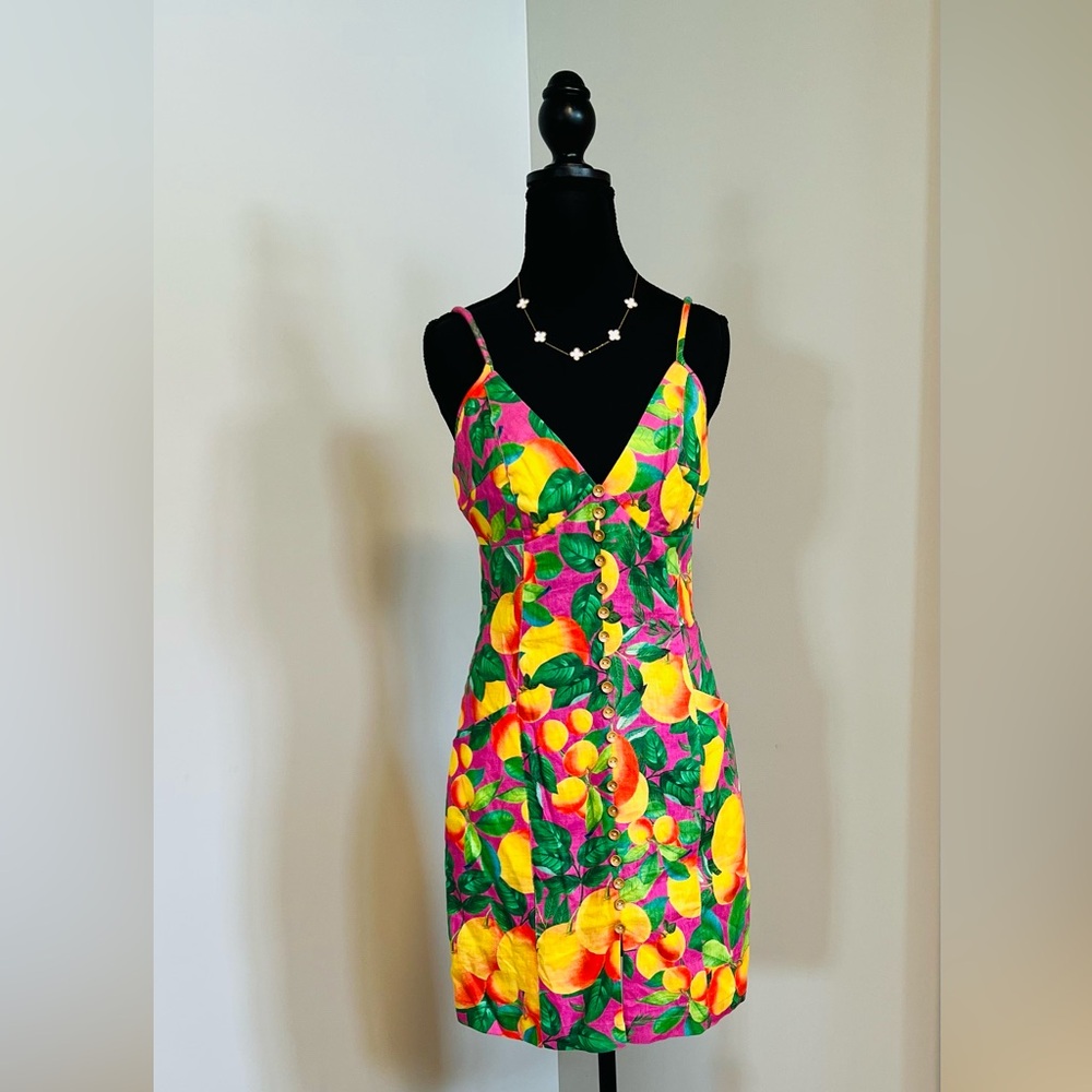 FARM Rio Yellow and Pink Ruched Mini Sundress